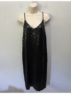 Vintage Judith Ann Creations Slip Dress Medium Black Sequin Minimalist 90s Glam